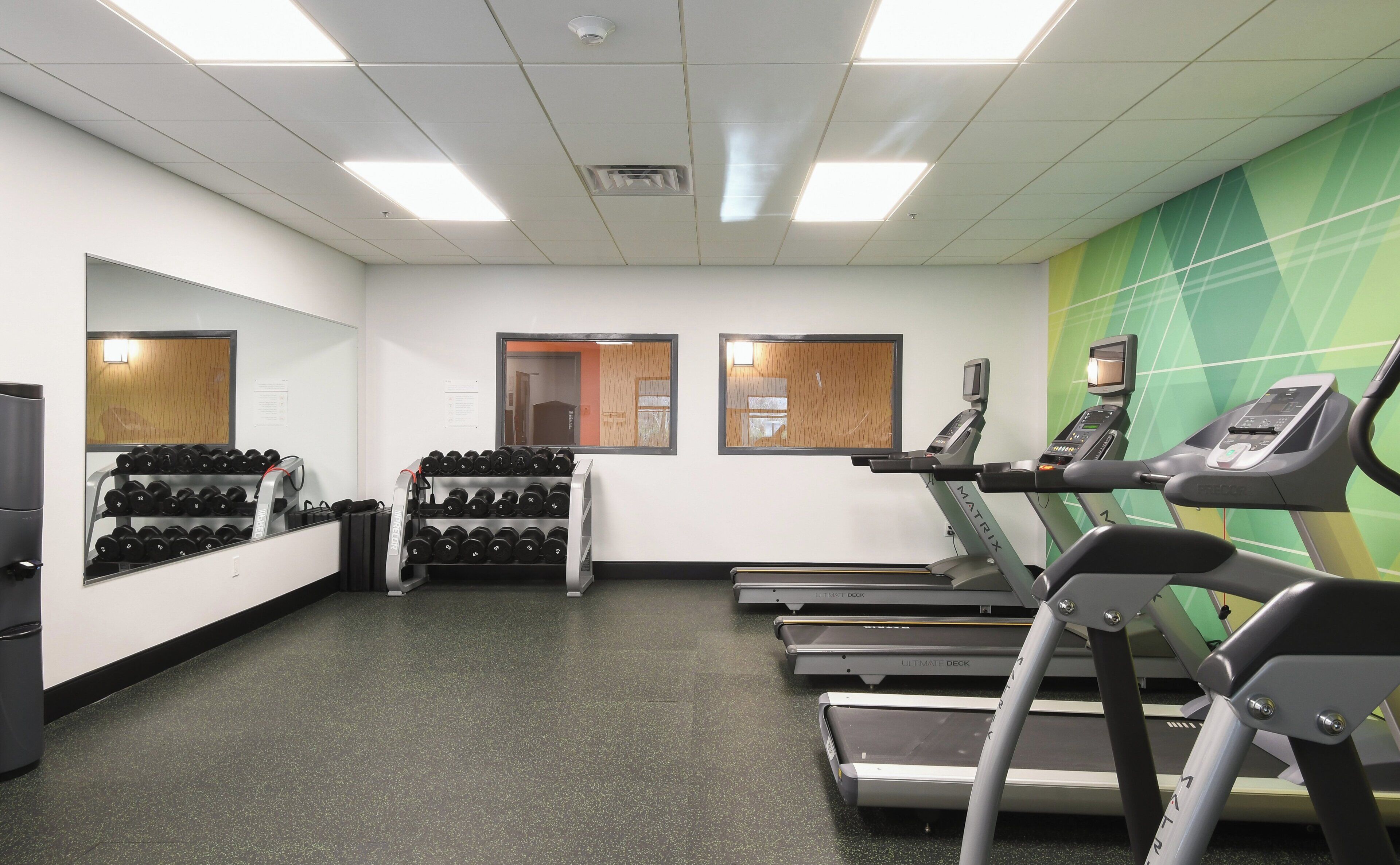A gym with treadmills, dumbbells, and exercise equipment.