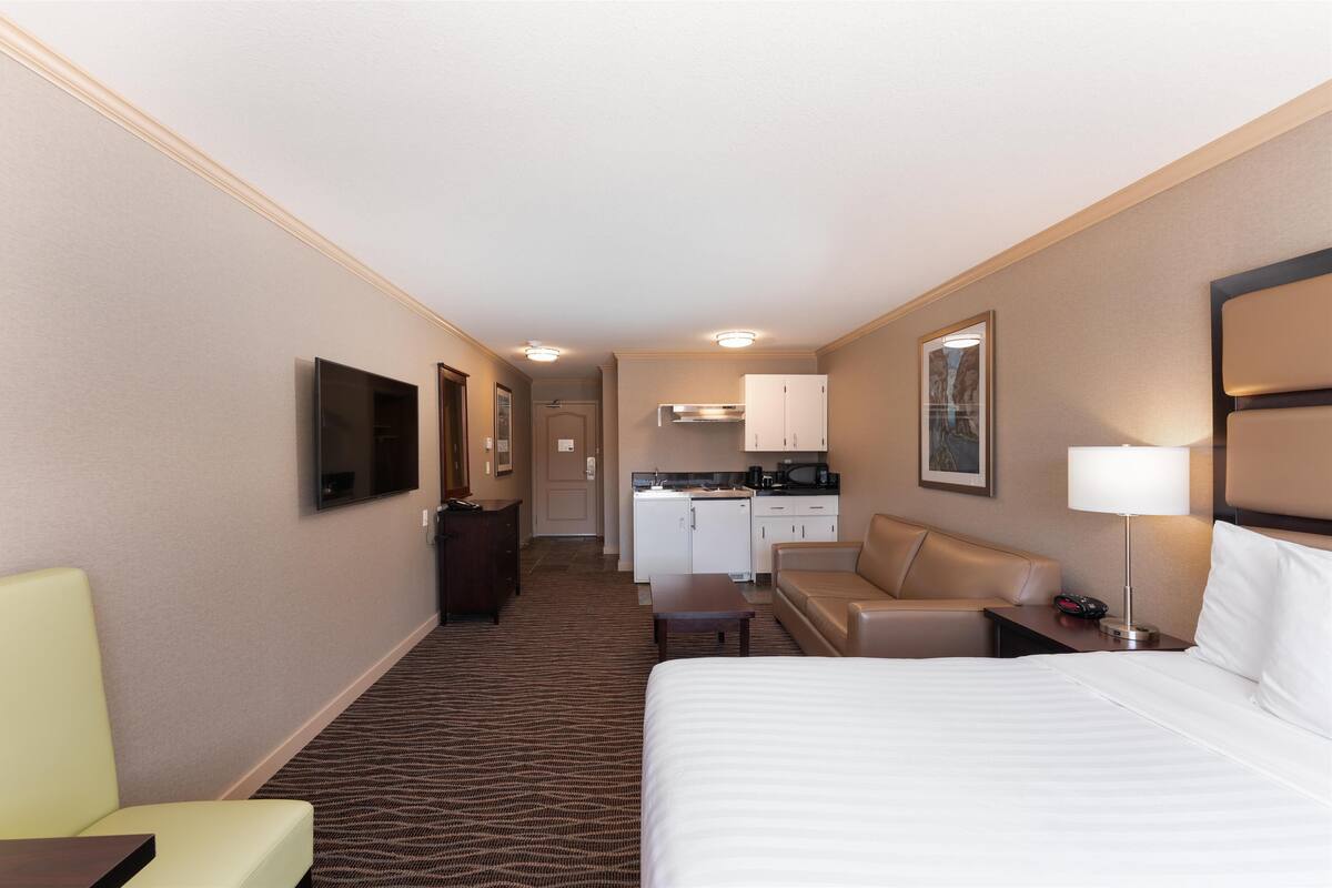 A hotel room with a bed, a desk, a chair, a sofa, a TV, a kitchenette, and a bathroom.