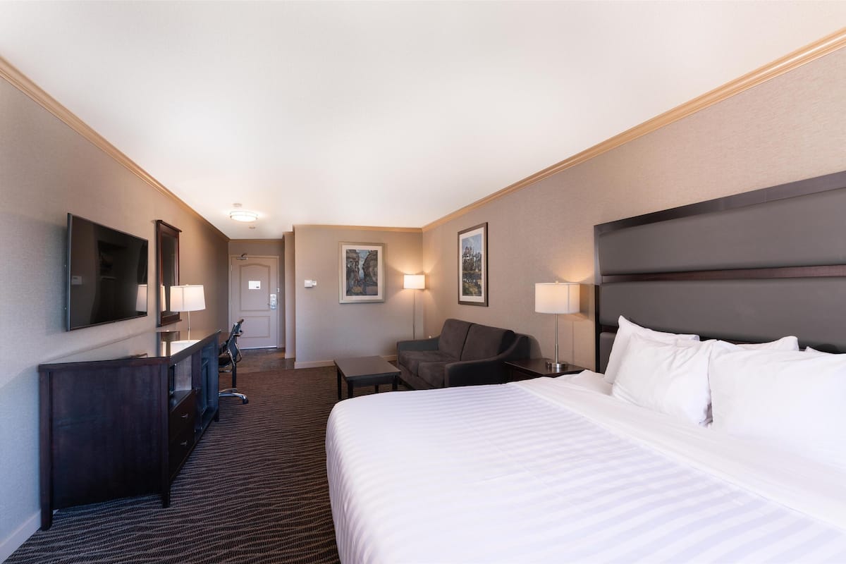 A hotel room with a large bed, a desk, a chair, and a television.