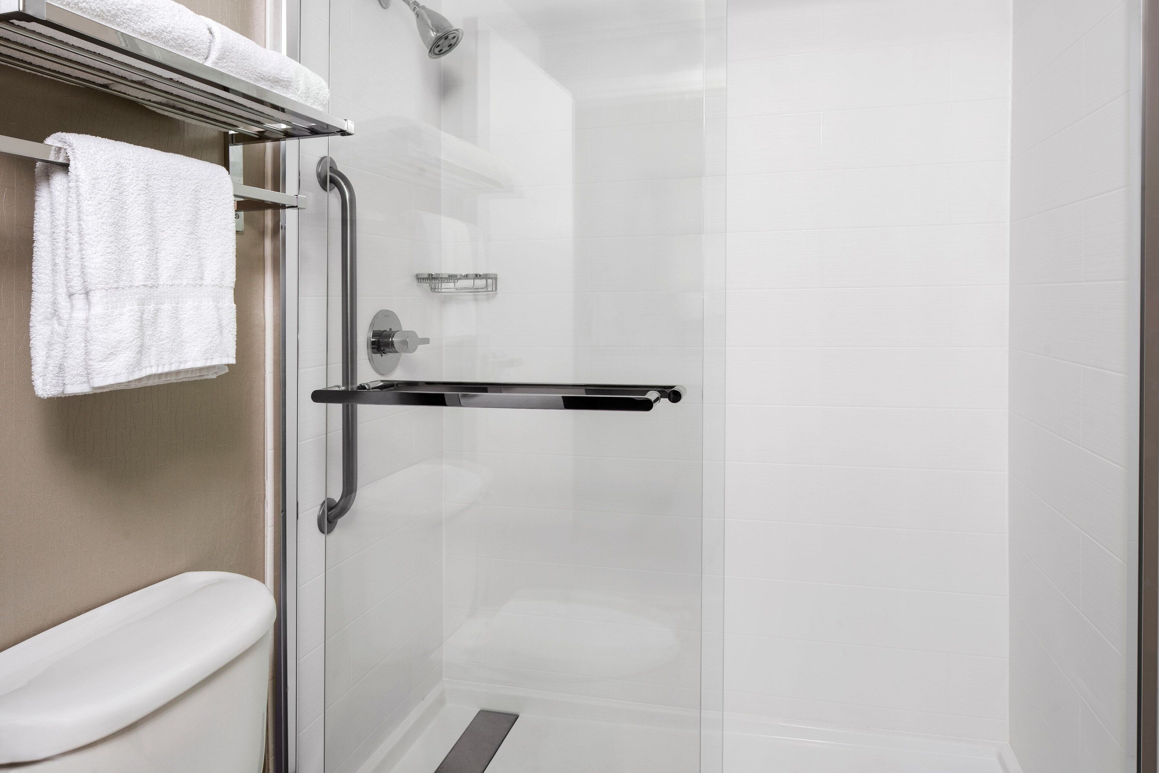 combined shower/bathtub, free toiletries, hair dryer, towels