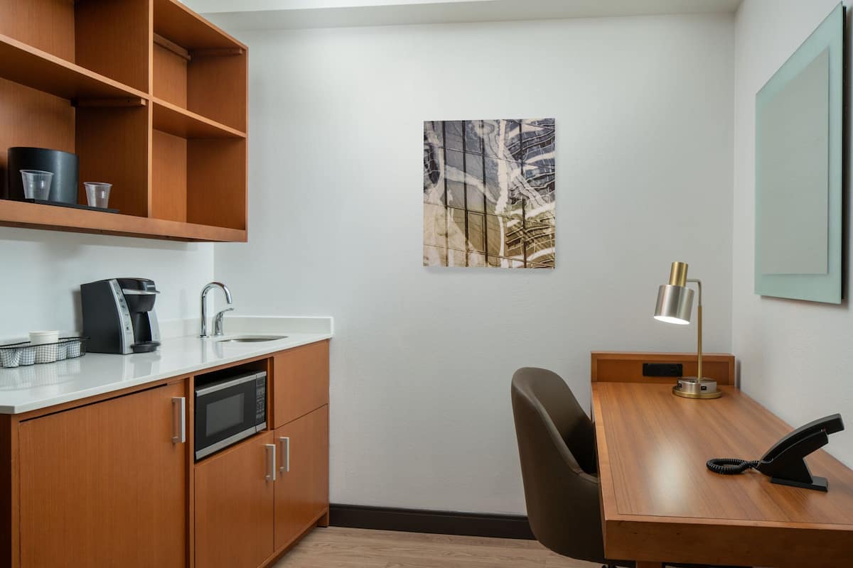 mini-fridge, microwave, coffee/tea maker