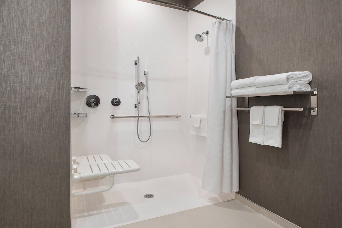 A modern bathroom with a walk-in shower, a toilet, and a towel rack.