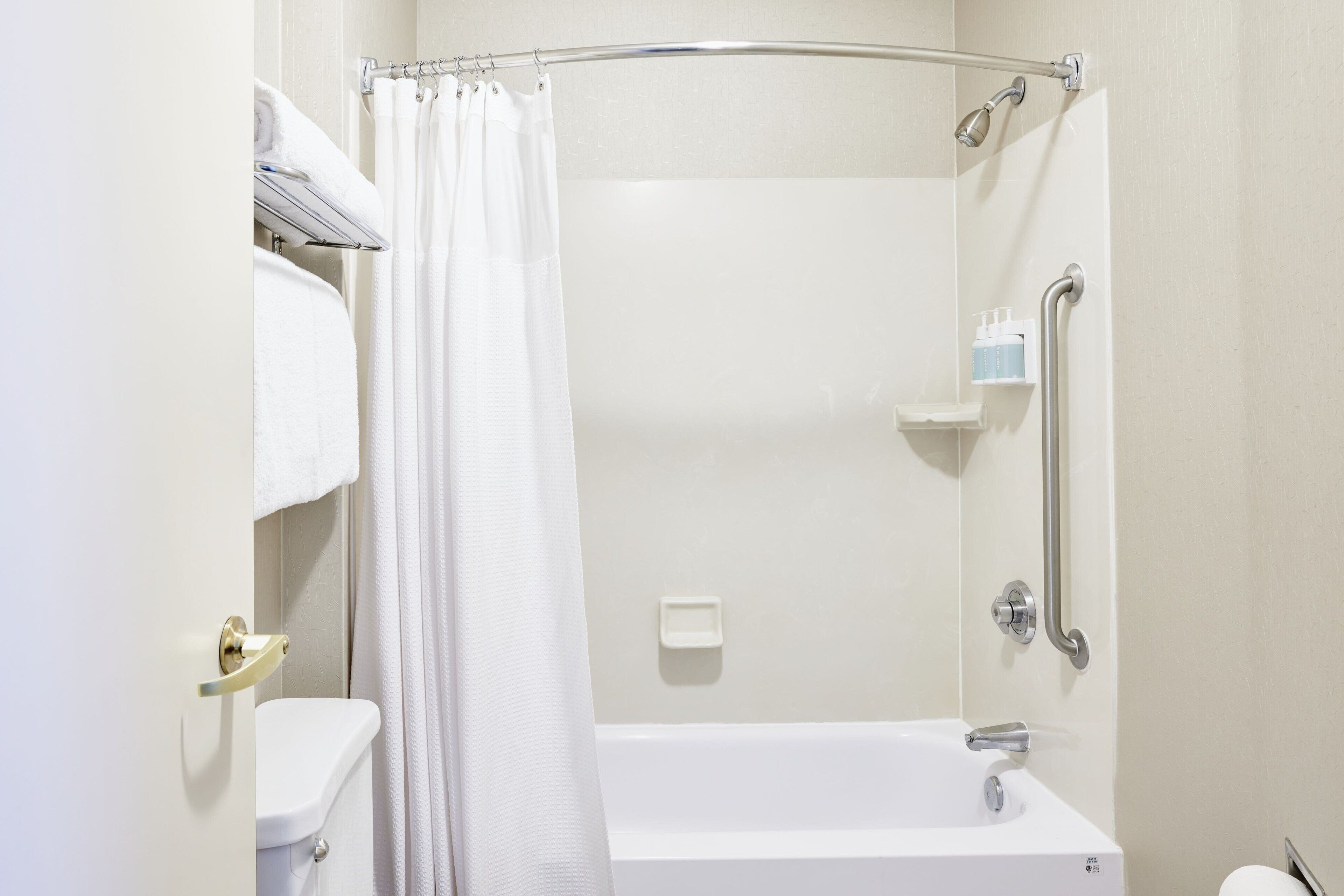 combined shower/bathtub, free toiletries, hair dryer, towels