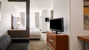 Una habitación de hotel con una cama, un televisor sobre un mueble de madera, un sofá y una mesita.