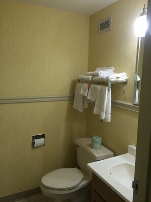 Combined shower/bathtub, free toiletries, hair dryer, towels