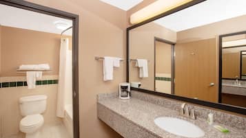 Combined shower/tub, deep soaking tub, free toiletries, hair dryer