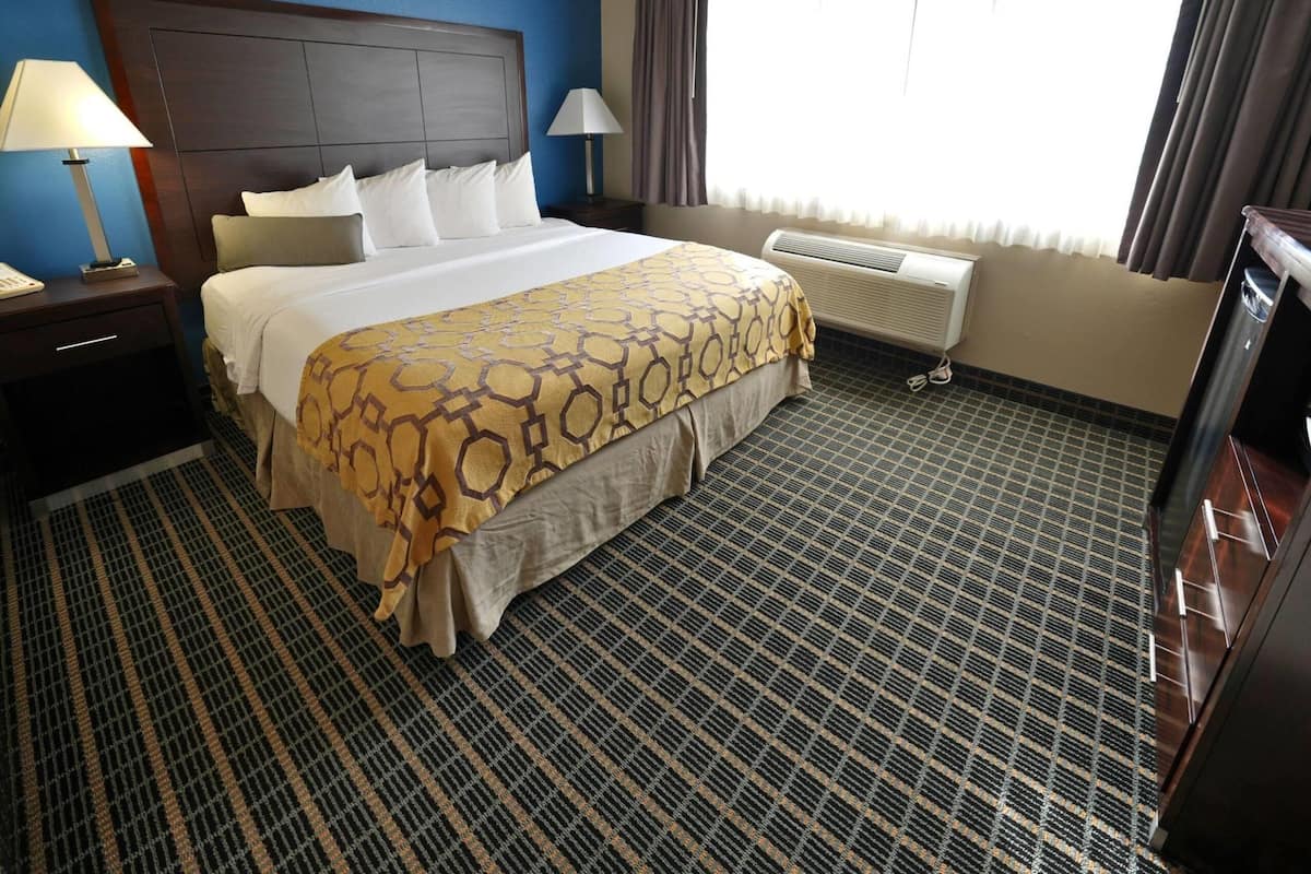 Habitación de hotel con una cama grande, dos mesitas de noche con lámparas, una ventana con cortinas y un radiador.