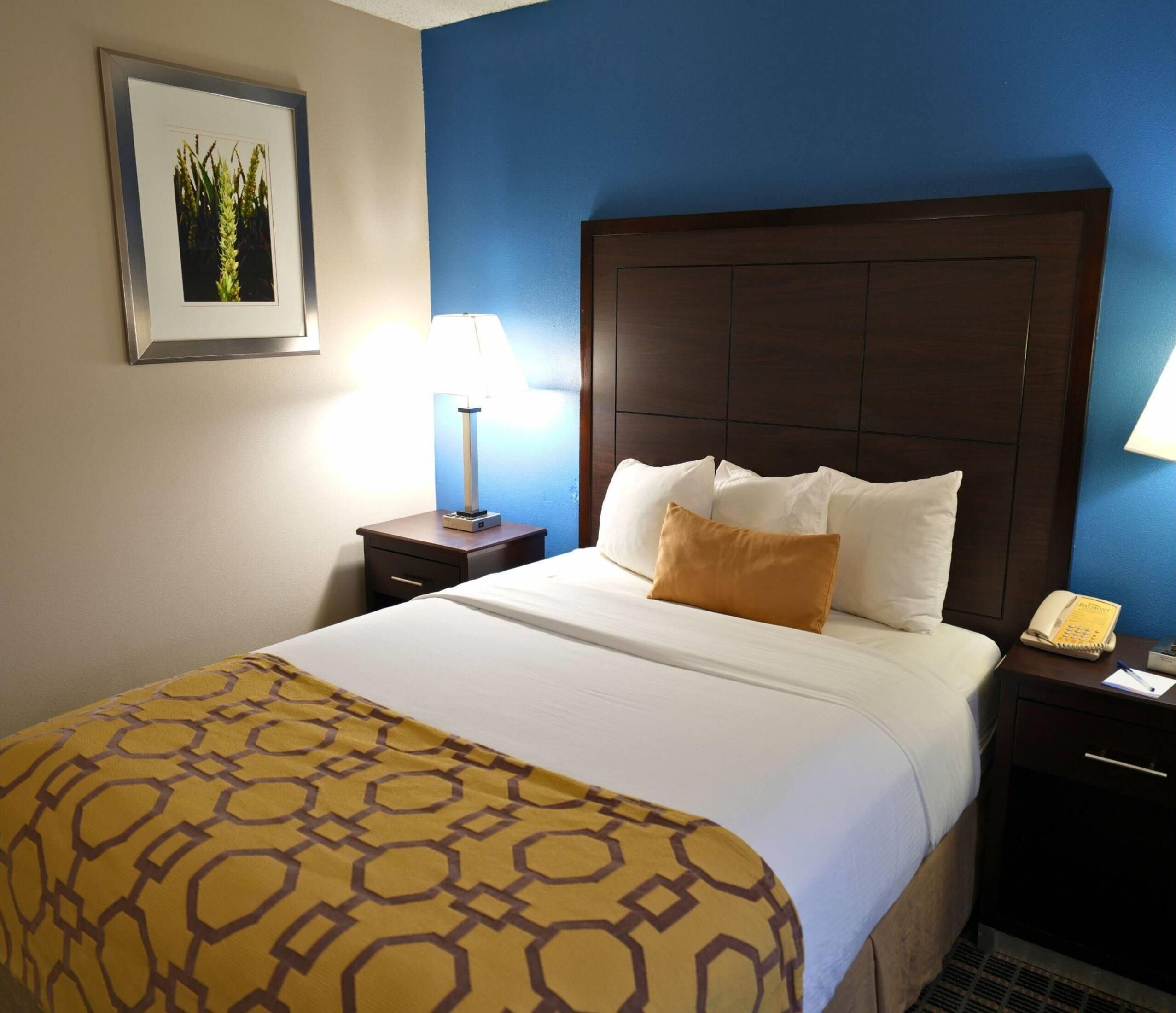 Una habitación de hotel con una cama grande, una mesita de noche con lámpara y un cuadro en la pared.