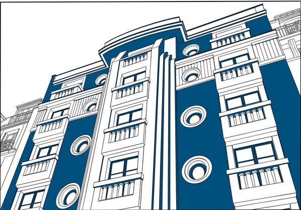 A building with multiple floors, large windows, and circular architectural details. - Hotel Moderniste (Paris)