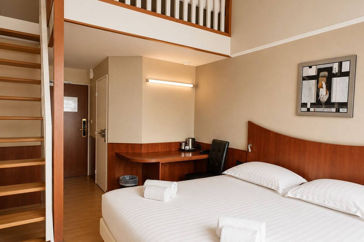 Family Room with Mezzanine (Access to sauna and steam bath) | Desk, laptop workspace, iron/ironing board (on request), cribs (free)