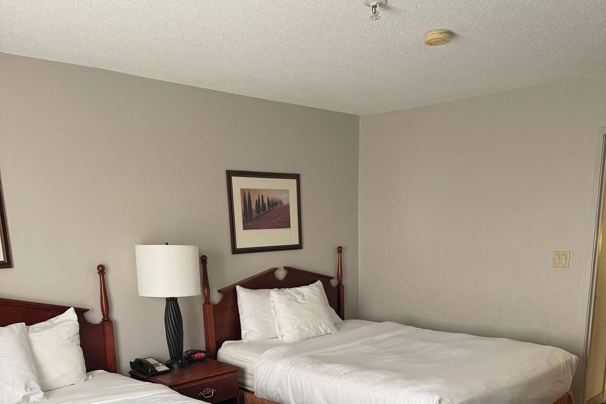 A hotel room with two beds, a nightstand, a lamp, and a framed picture on the wall.