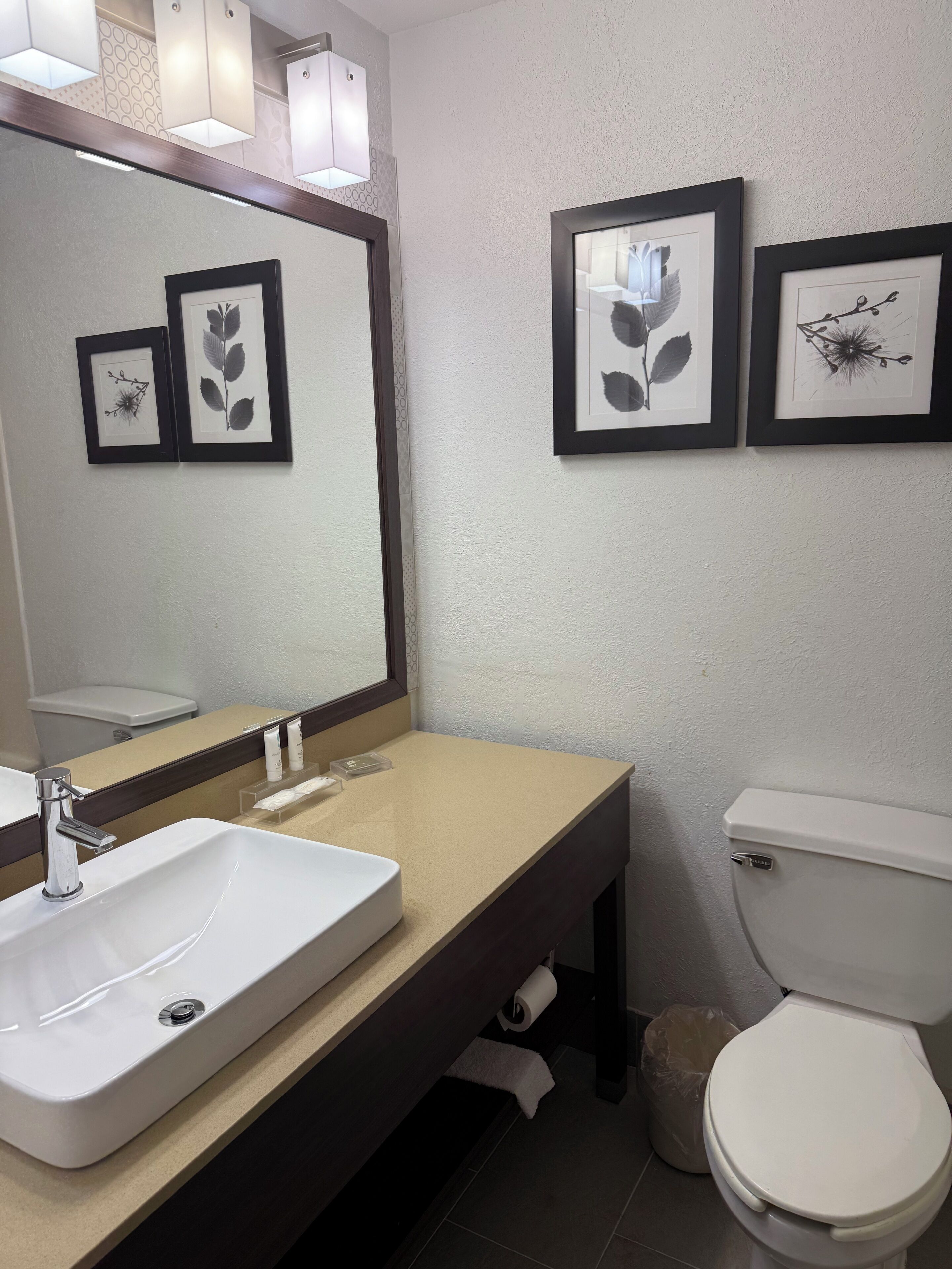 A bathroom with a white sink, mirror, and toilet. There are framed pictures on the wall.