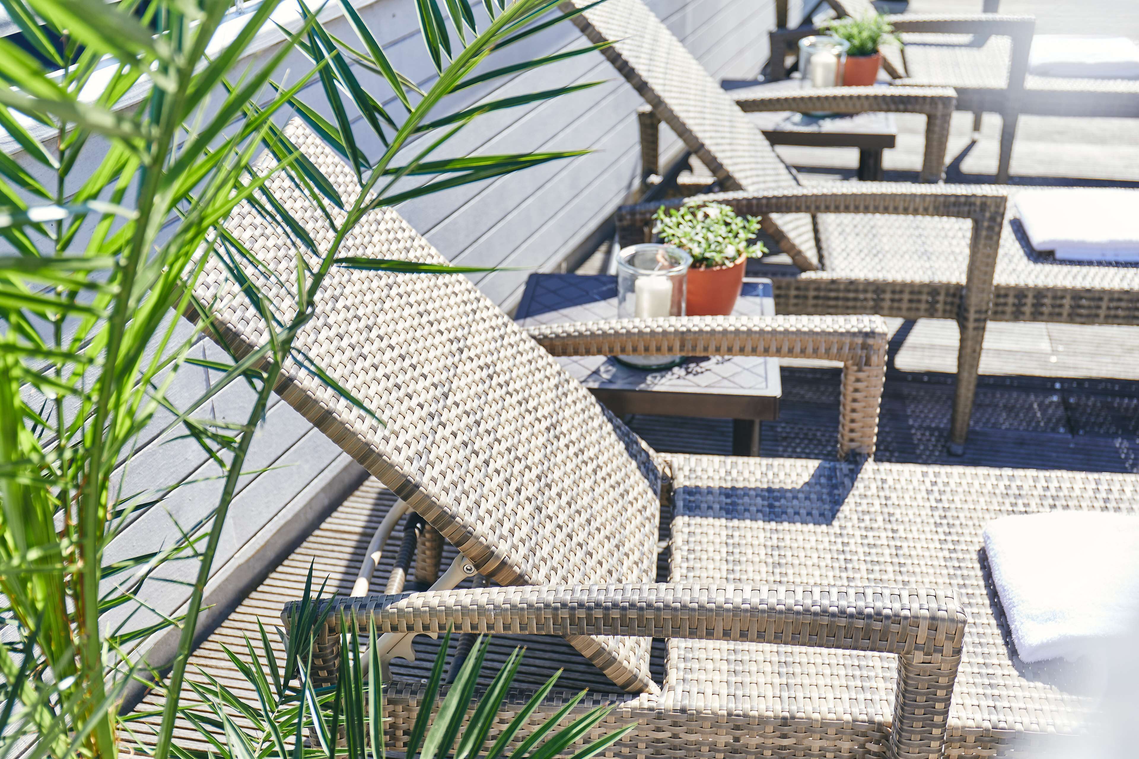 Sillones y mesas de mimbre dispuestas en un patio con plantas en macetas.