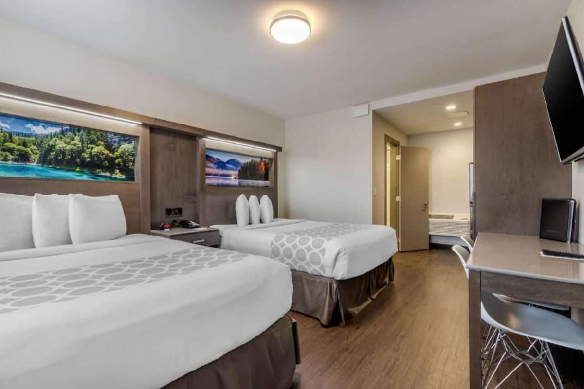 Quarto de hotel com duas camas, uma mesa, uma televisão e um quadro de uma paisagem.