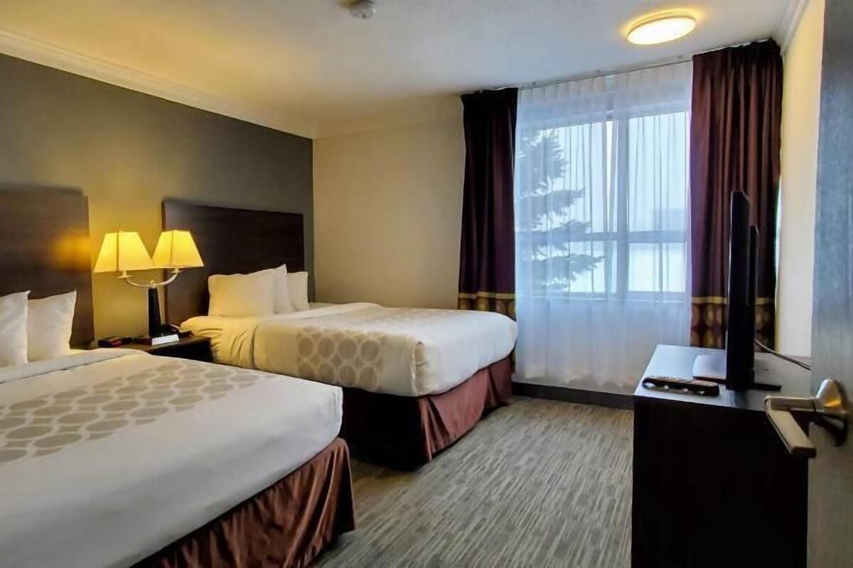 Quarto de hotel com duas camas, uma escrivaninha, uma lâmpada, uma janela com cortinas e vista para árvores.