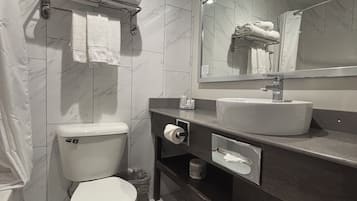 A modern bathroom with a toilet, sink, and mirror.