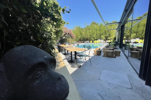Seasonal outdoor pool, pool umbrellas, pool loungers