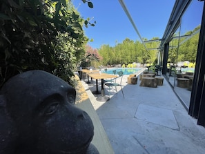Seasonal outdoor pool, pool umbrellas, pool loungers