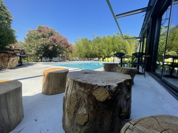 Seasonal outdoor pool, pool umbrellas, sun loungers