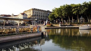 A waterfront area with a building, a dock with boats, and a tree-lined promenade. - Du Soleil Le Terminus (Carcassonne)