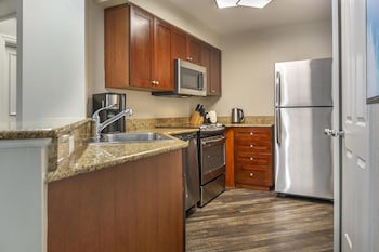 A hotel reception area with a tiled counter, a wall with abstract art, and a potted plant. at Hilton Grand Vacations Club SeaWorld® Orlando