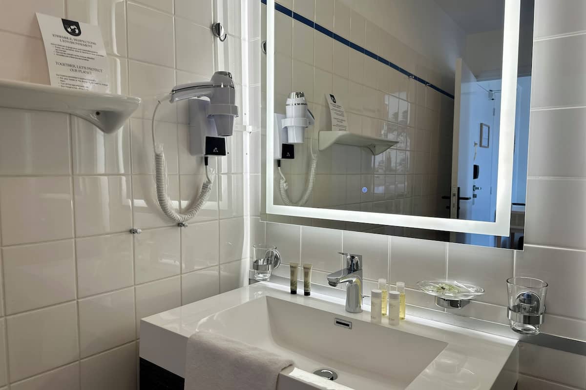 free toiletries, hair dryer, towels, soap