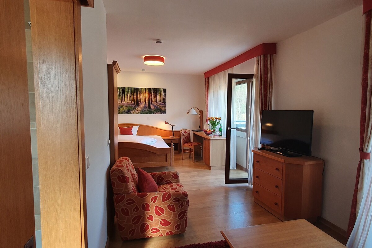 Une chambre d’hôtel avec un lit, un bureau, une chaise, une télévision et un tableau au mur.
