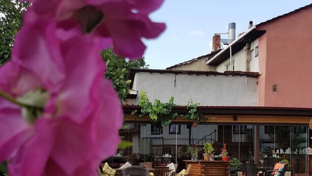 Un jardín con patio, mobiliario exterior y un edificio con fachada blanca y pared roja.
