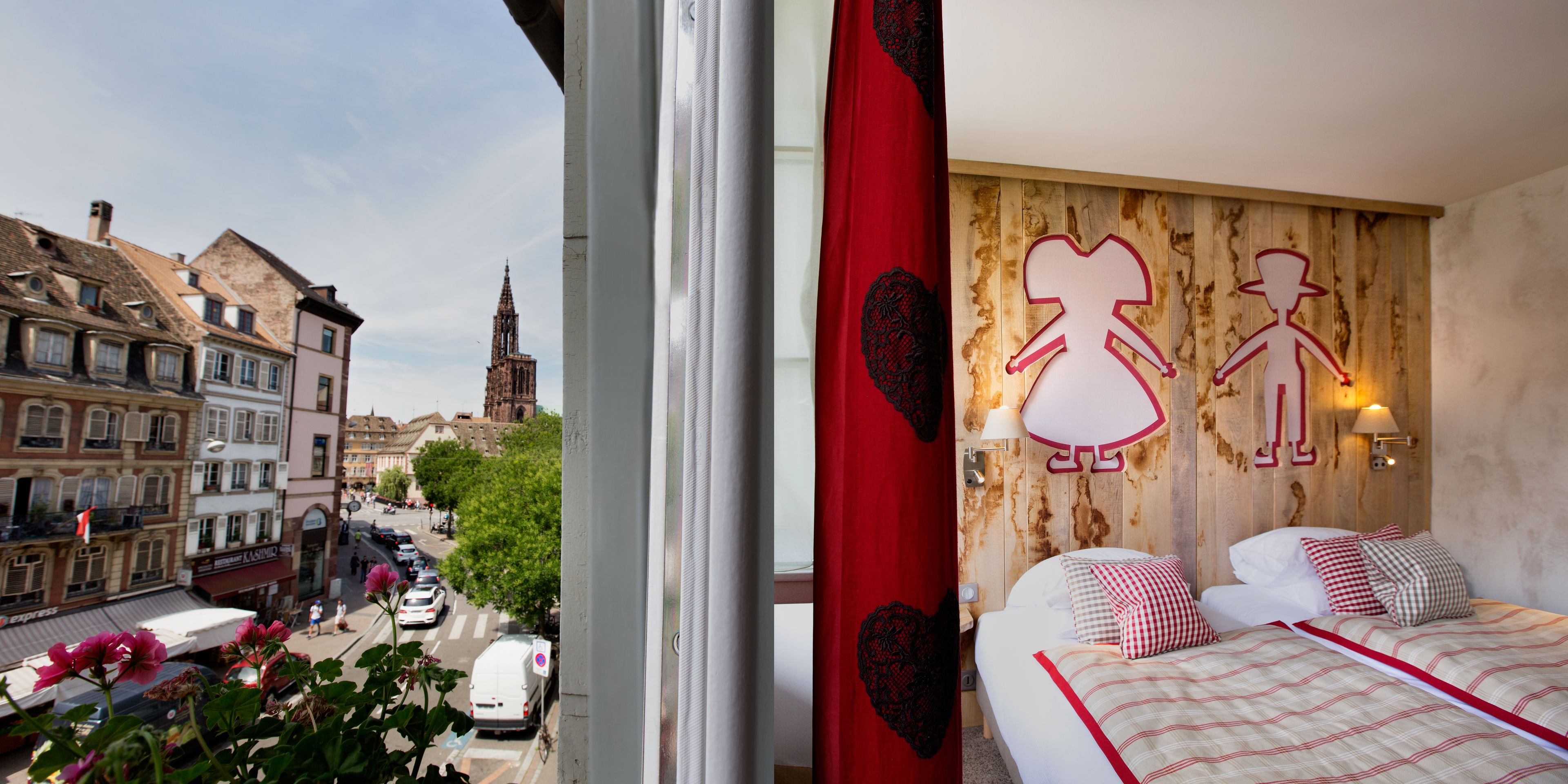 Ein Hotelzimmer mit einem Bett, einer Holzwand mit eingekerbtem Muster und Blick auf eine Straße mit Gebäuden und einem Kirchturm.