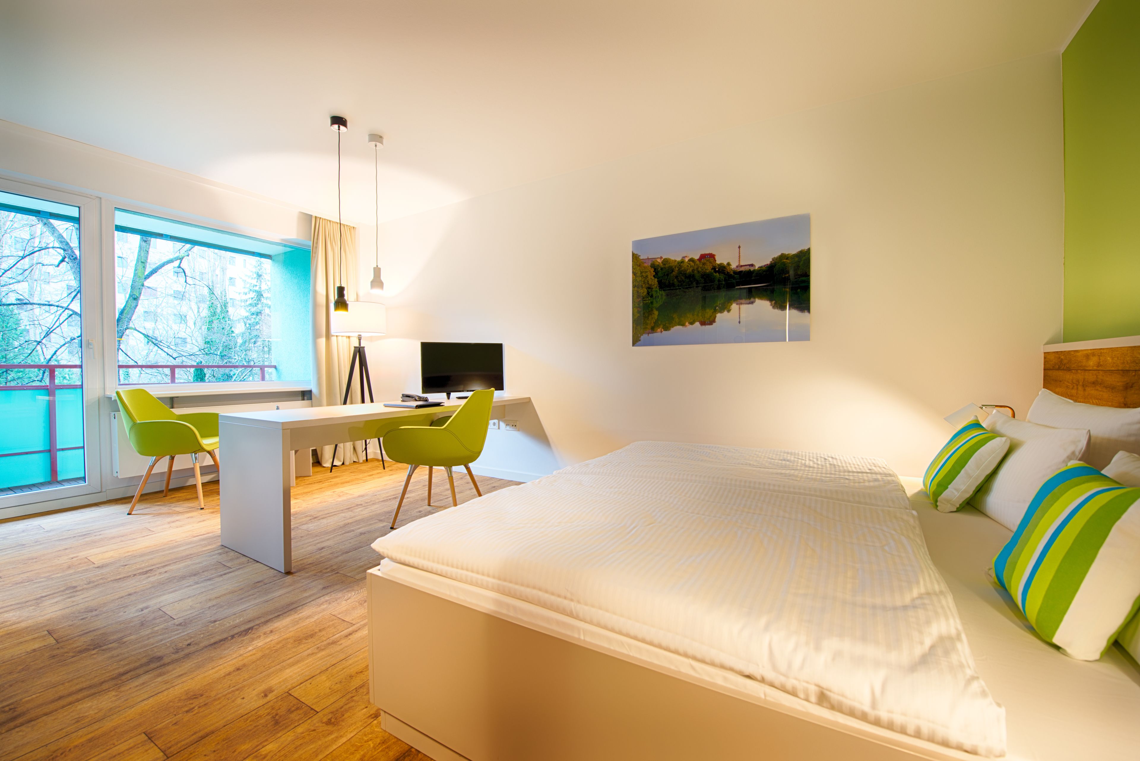 hypo-allergenic bedding, desk, blackout curtains, iron/ironing board