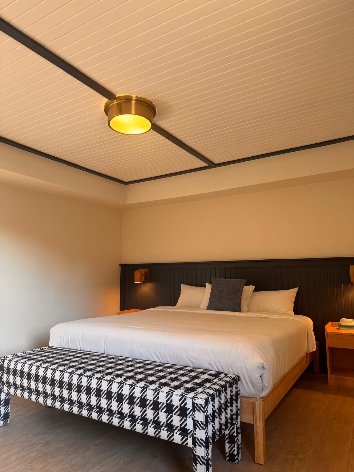 Camera d'albergo con un letto grande, una panca, un comodino e un lampadario.