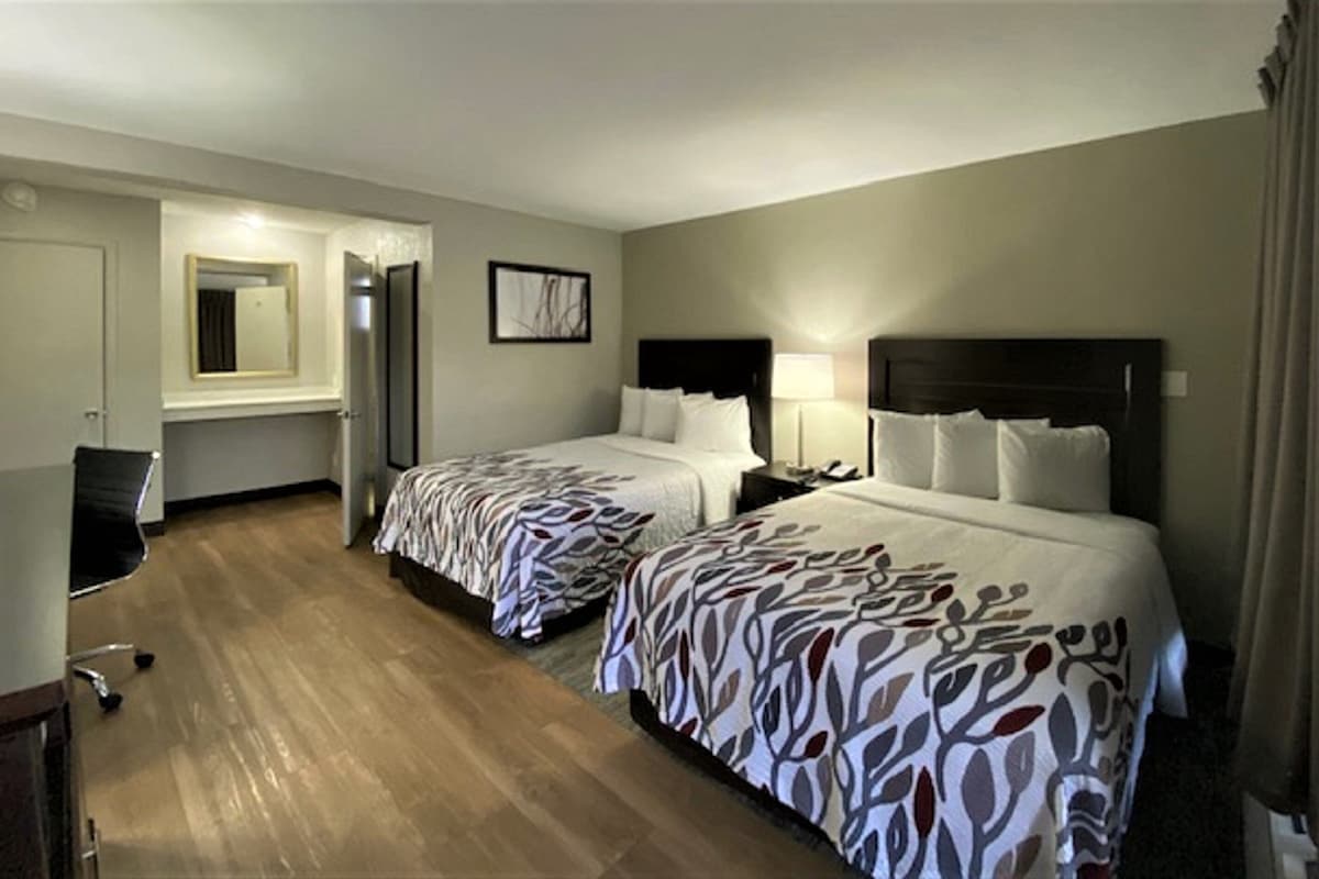 A hotel room with two beds, a desk, a chair, a mirror, and a framed picture on the wall.