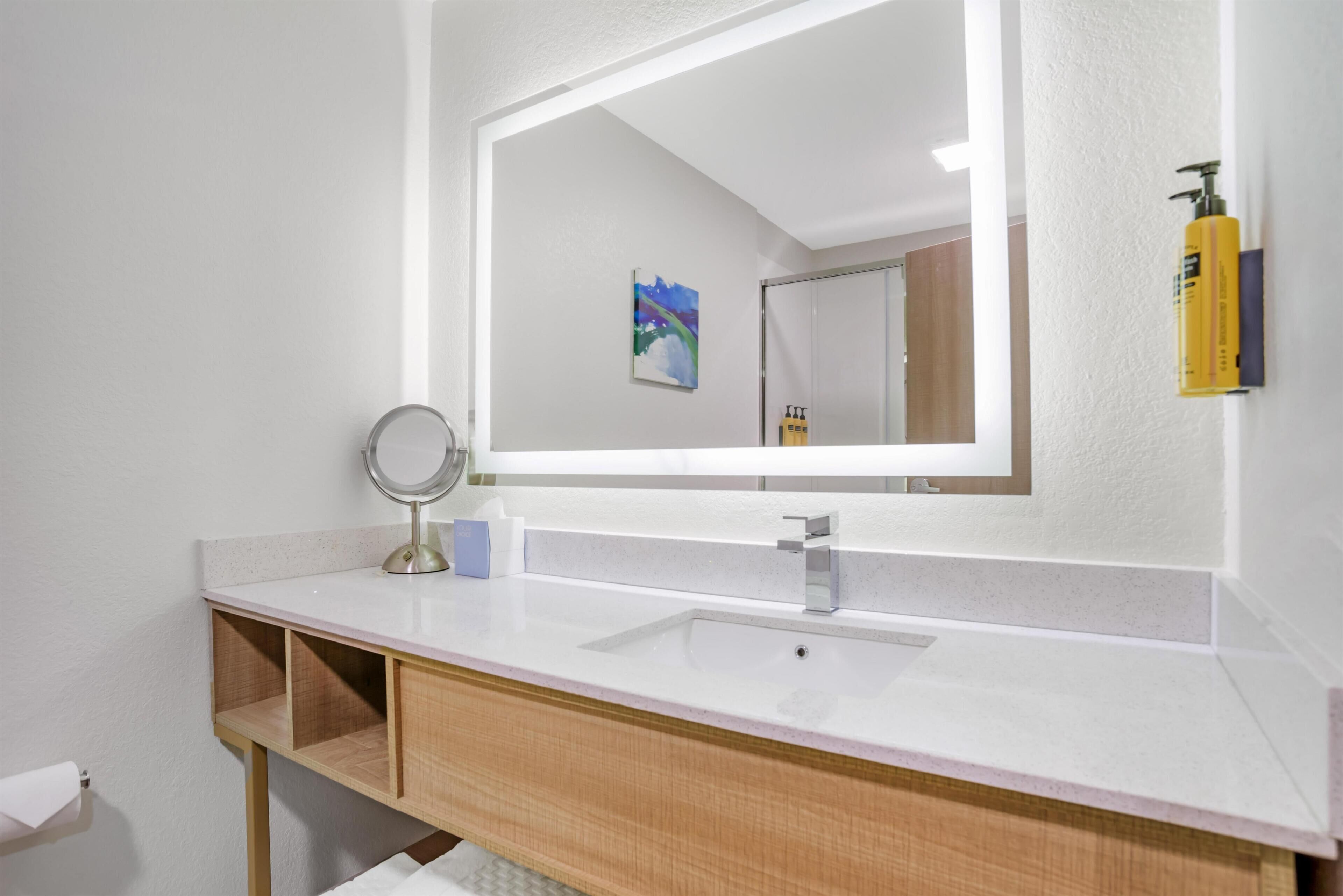 A bathroom with a white sink, a mirror, a wooden vanity, a towel dispenser, and a bottle of shampoo on the wall.