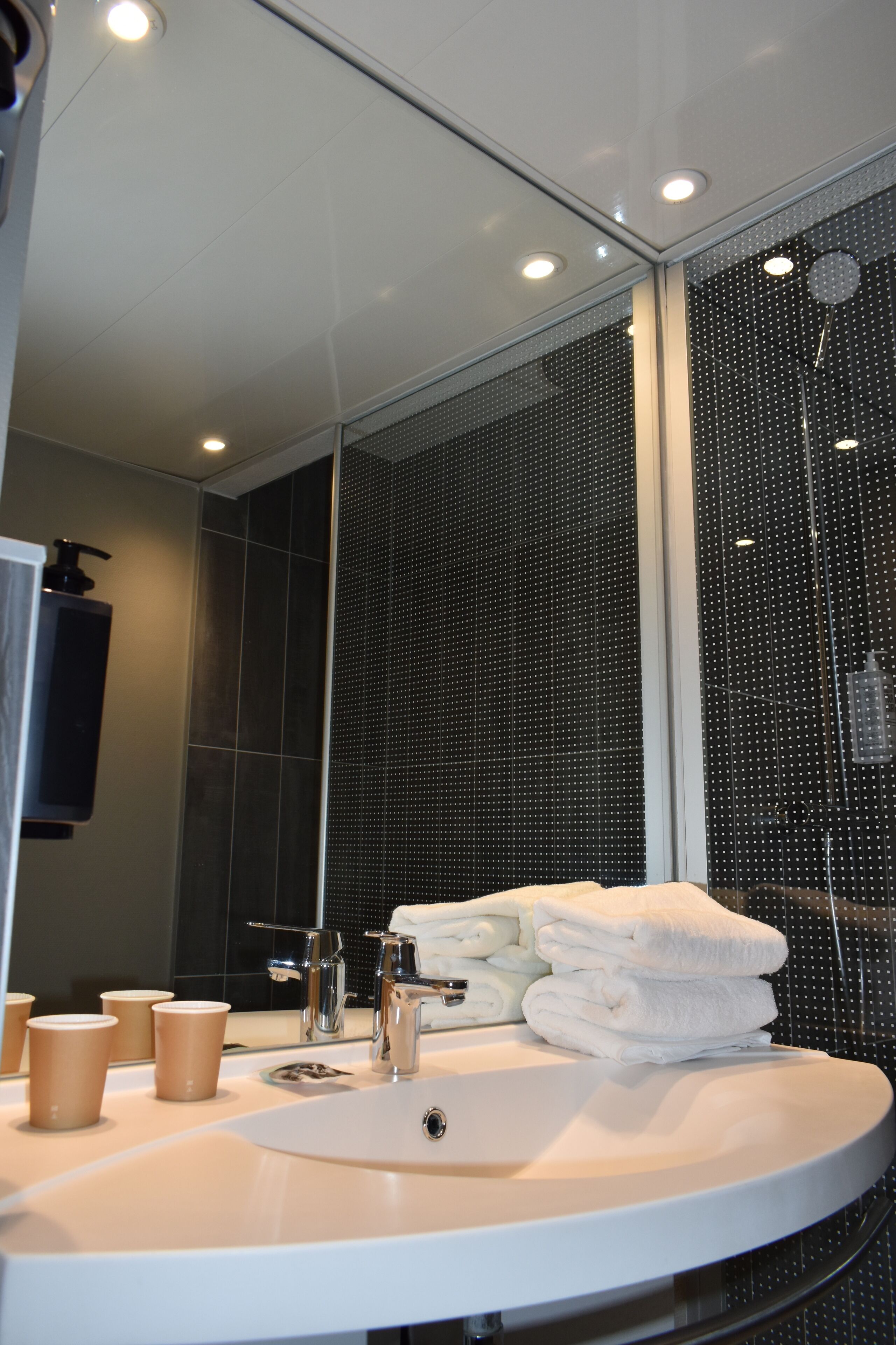 A modern bathroom with a round sink, a mirror, and a glass shower enclosure.