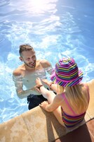 Seasonal outdoor pool, pool umbrellas, sun loungers