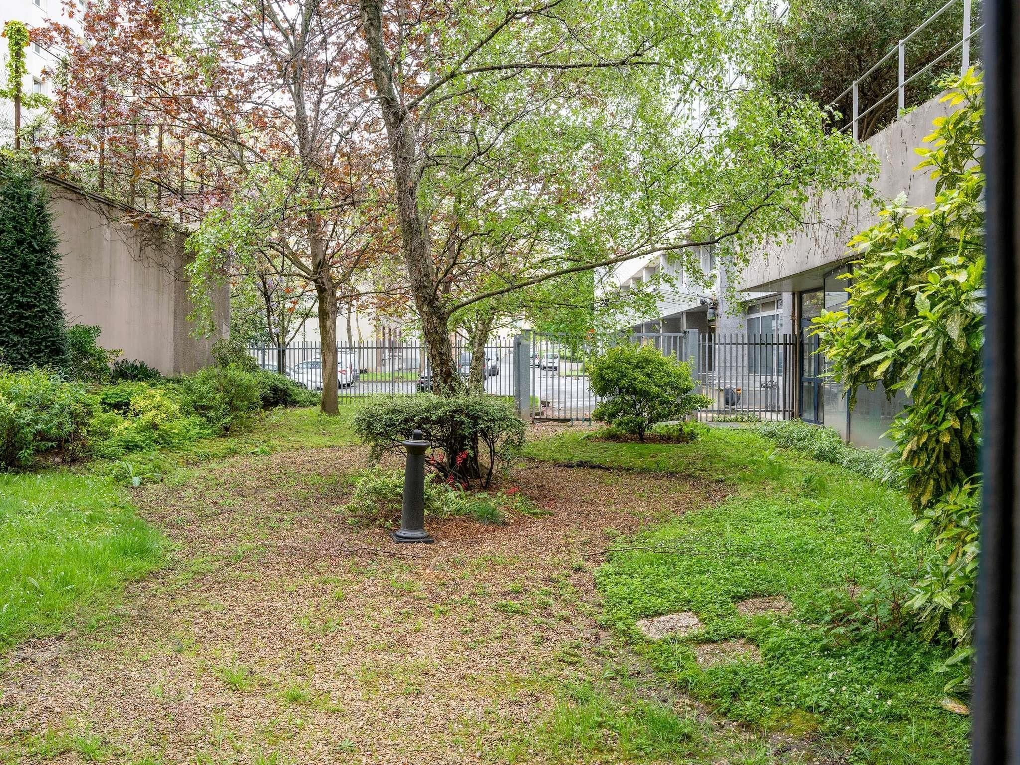 A courtyard with trees, a small bush, and a concrete wall.