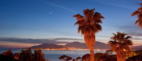 A coastal view with a pool area, palm trees, and a distant cityscape at dusk.
