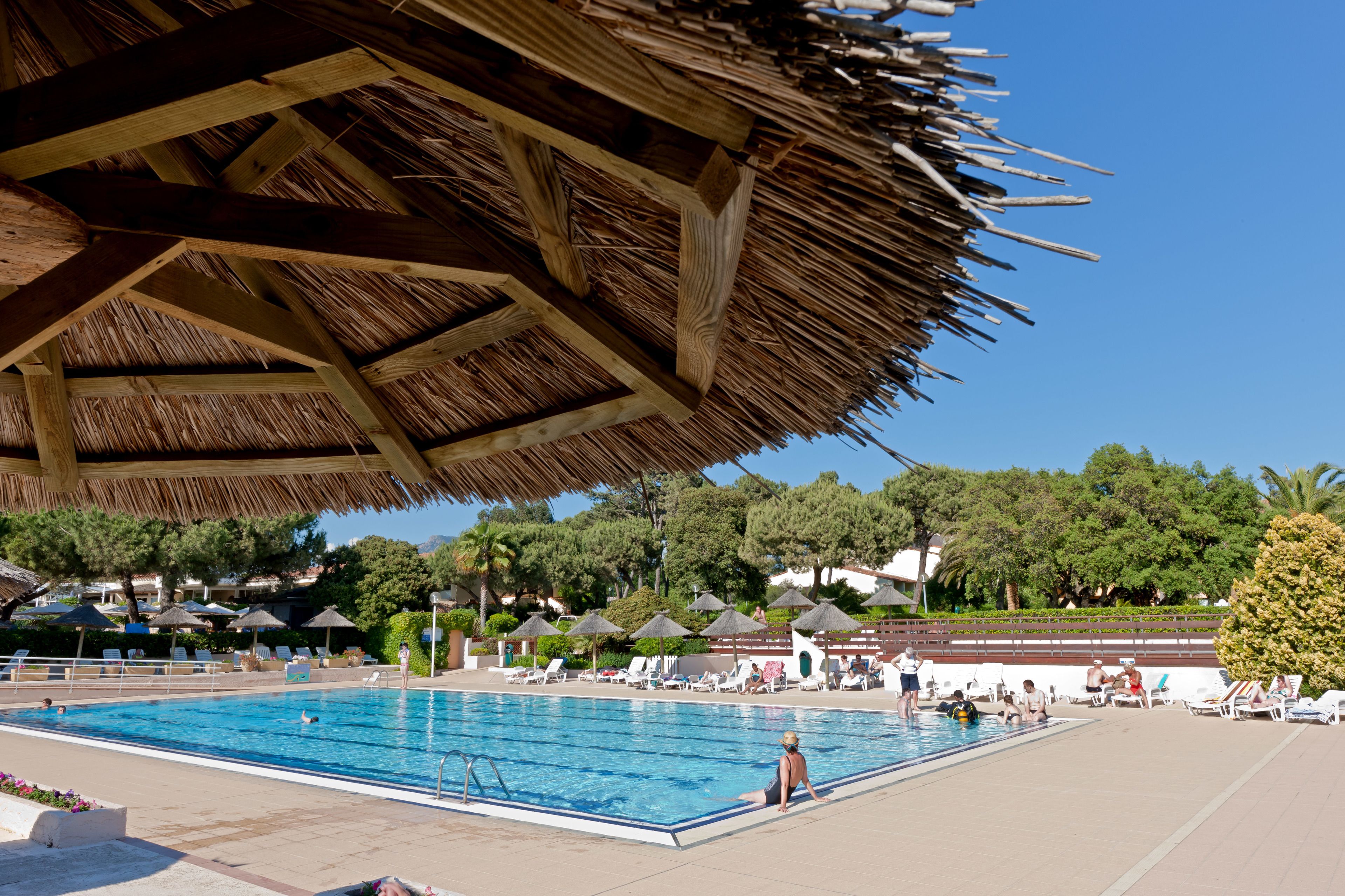 Une piscine dotée d’une structure de toit en chaume, entourée de chaises longues et de parasols, avec des arbres et des bâtiments en arrière-plan.