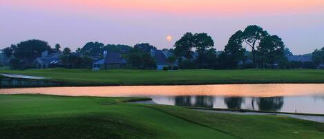A golf course with a pond, houses in the background, and a sunset.