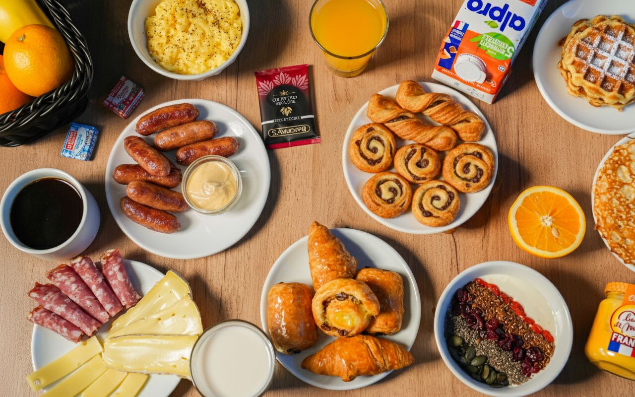 A breakfast spread with various foods and drinks.