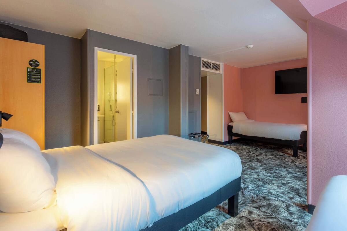 Una habitación de hotel con una cama grande, una cama más pequeña, un televisor y una zona de ducha.
