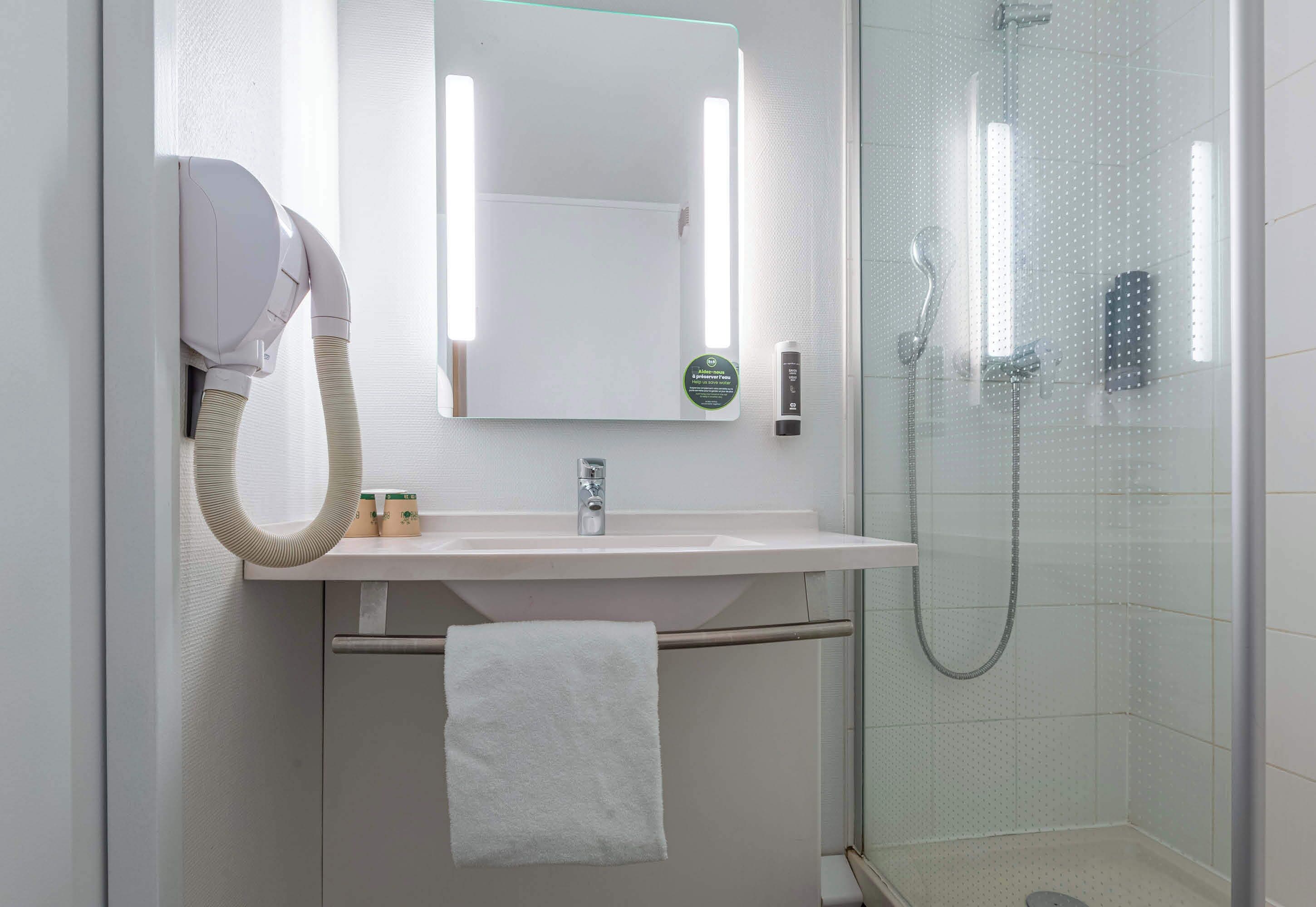 Une salle de bain moderne avec une douche à l’italienne en verre, un lavabo blanc avec un miroir au-dessus, et une serviette suspendue à un porte-serviettes.