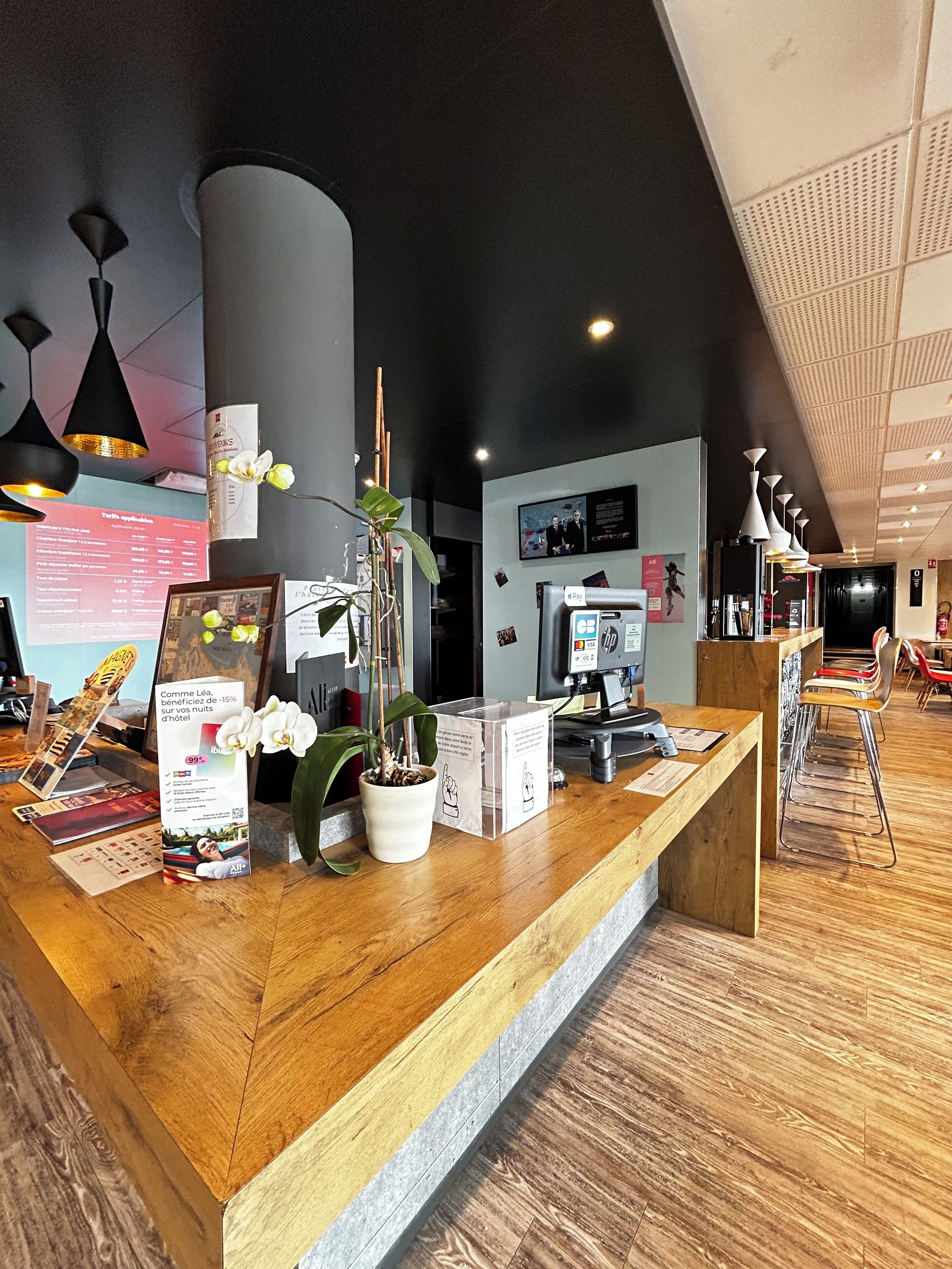 A hotel reception desk with a wooden counter, a potted plant, and informational brochures.
