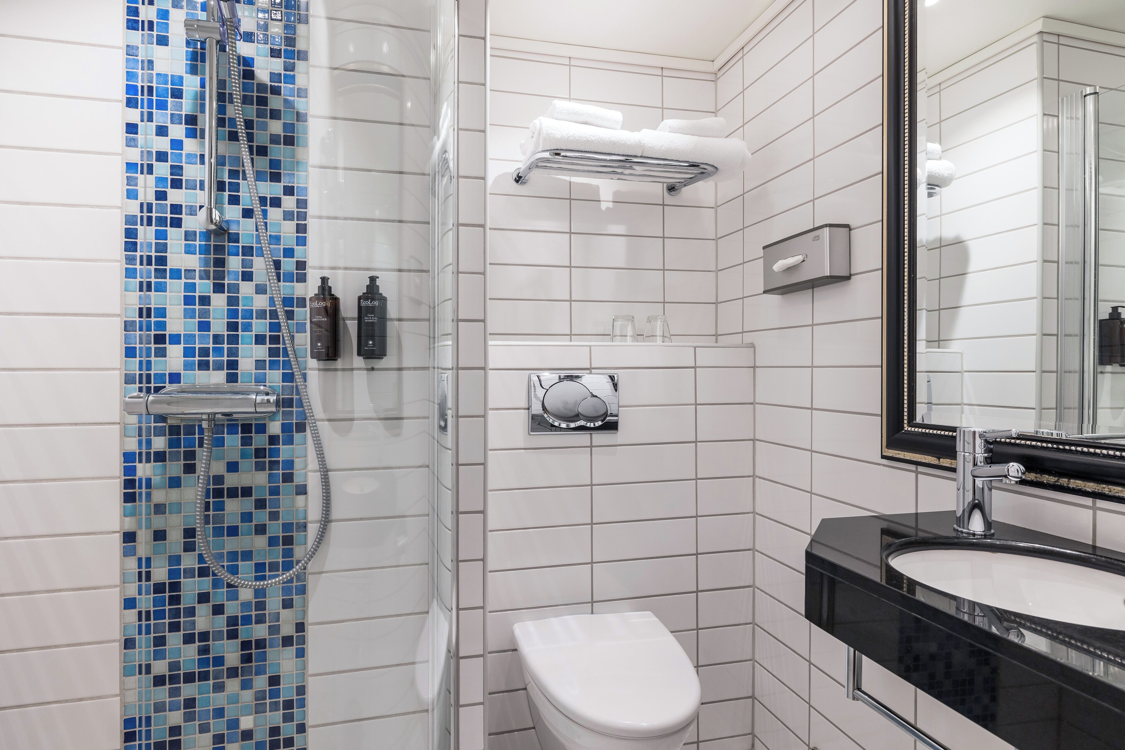 shower, free toiletries, hair dryer, towels