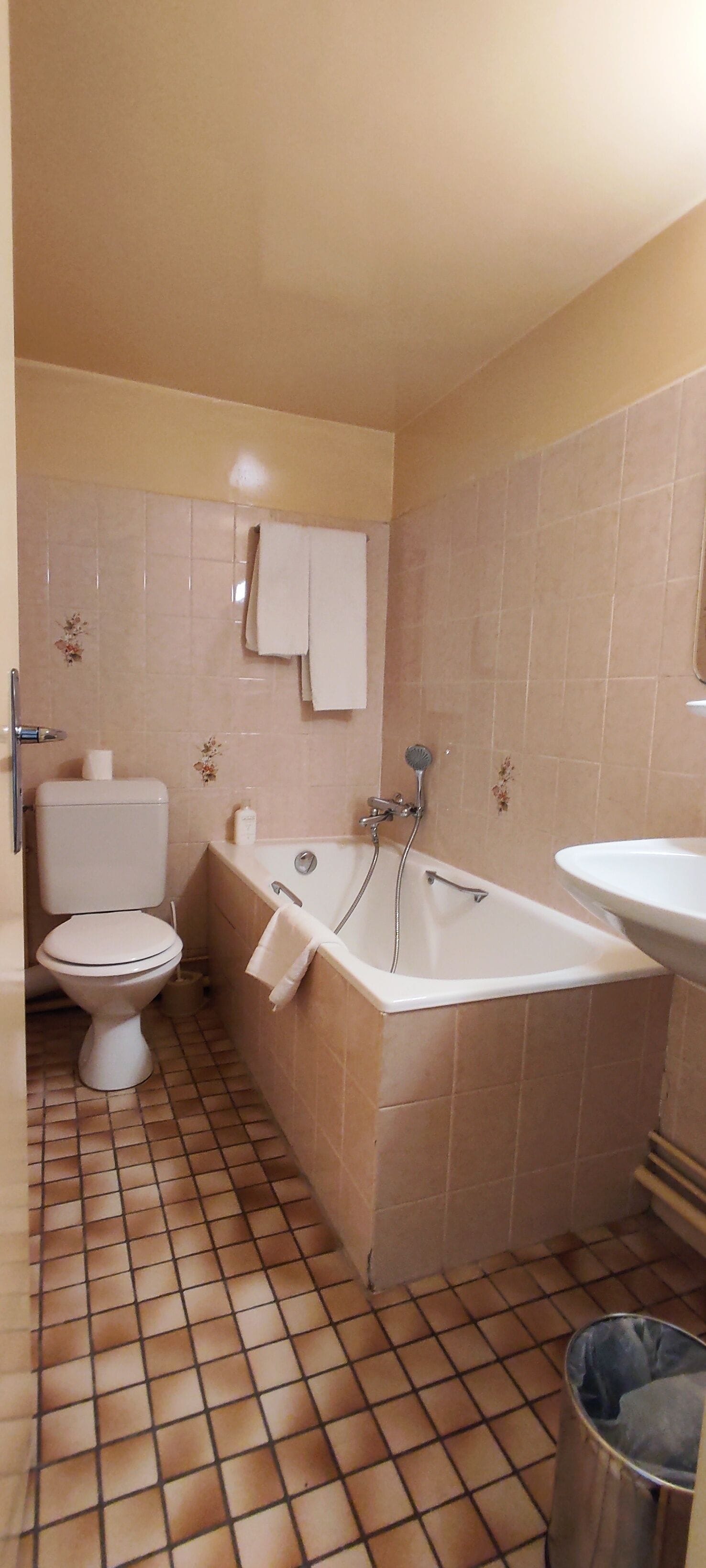 A bathroom with a toilet, bathtub, and sink.