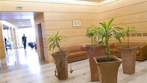 A lobby with a reception desk, a brown leather sofa, and several large terracotta planters with green plants.