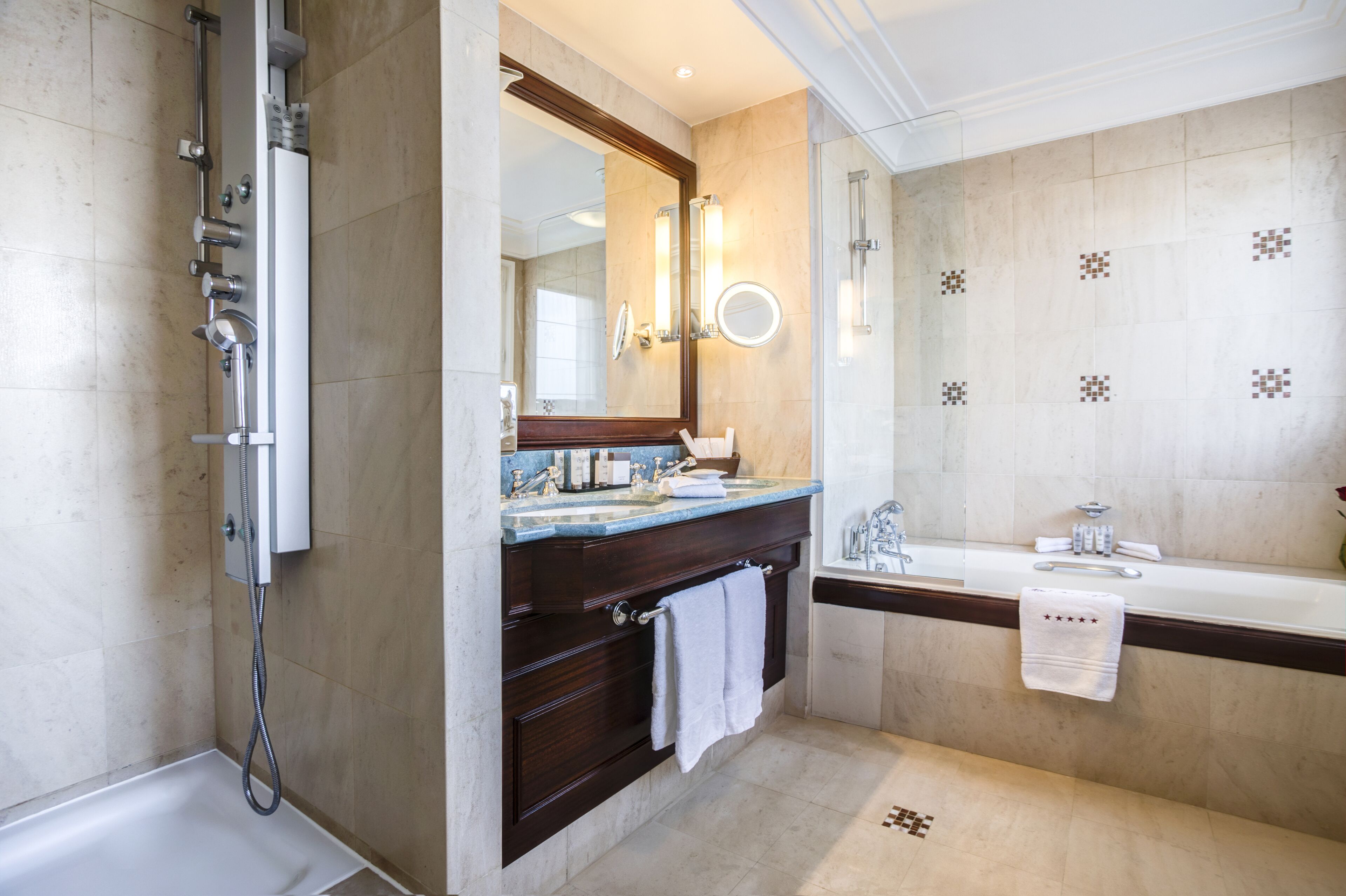 free toiletries, hair dryer, bathrobes, slippers