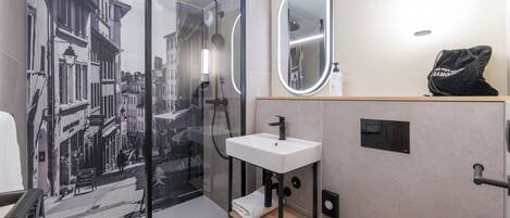 A modern bathroom with a glass shower enclosure, a white sink, and two mirrors.