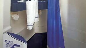 Une salle de bain avec un rideau de douche, un lavabo et des toilettes.