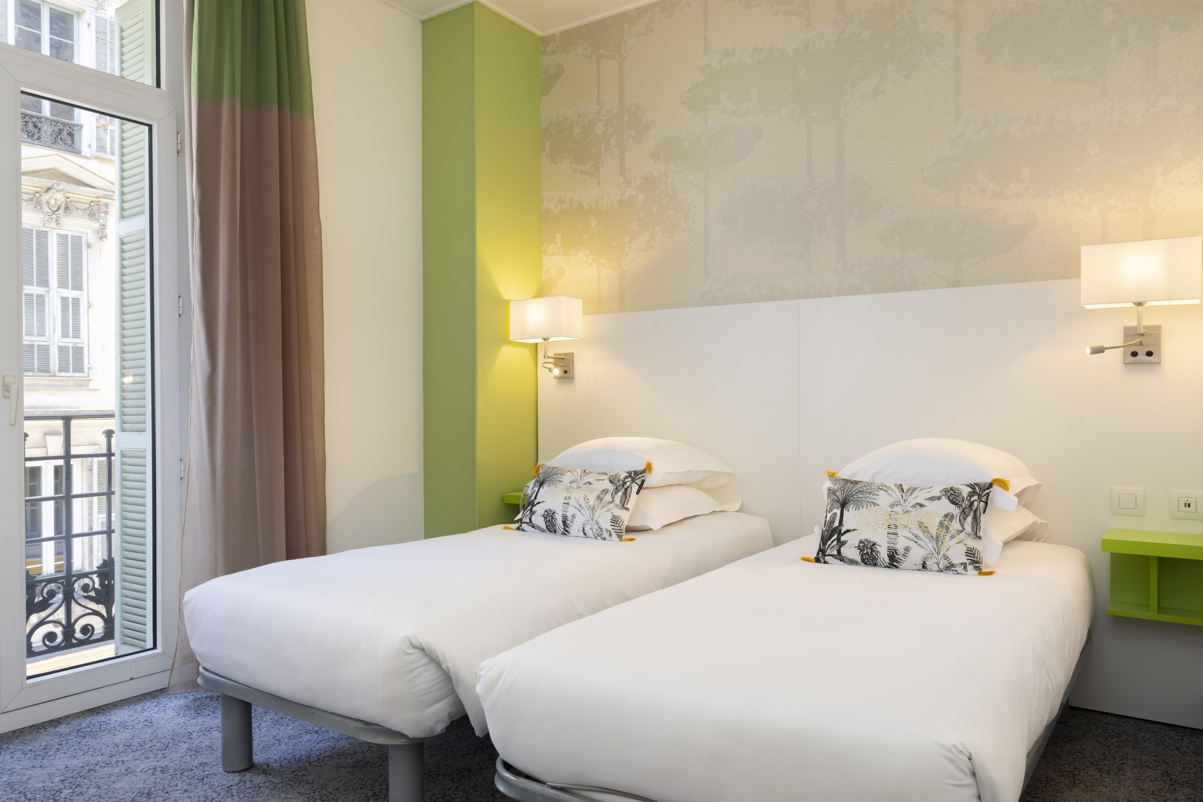 Hypo-allergenic bedding, desk, laptop workspace, blackout curtains